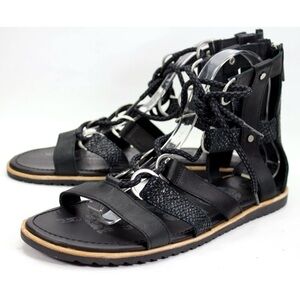 Sorel Womens Size US 9 Ella Back Zip Black Leather Lace Up Gladiator Sandals